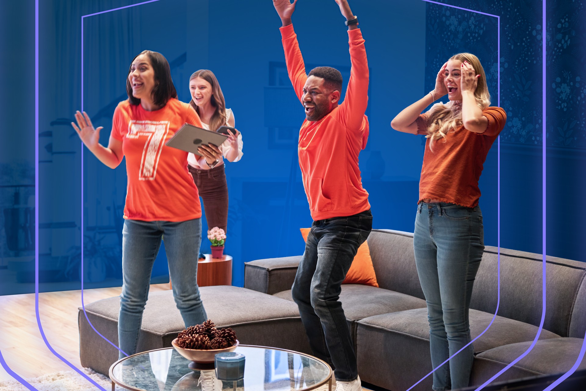 friends watching sports event on tv, celebrating a good play